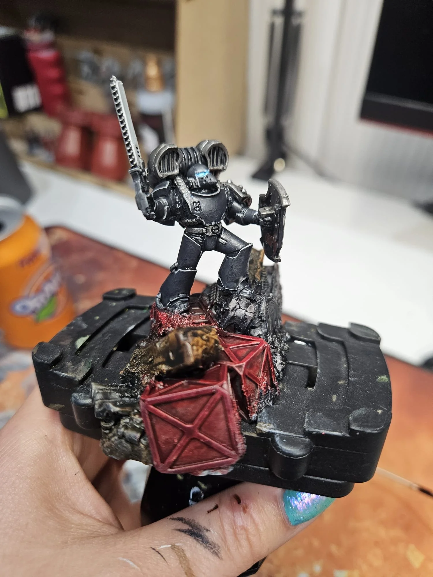 WIP 30K Iron Hands - Freehand iconography (part of basing scheme for Fulgrim Transfigured)