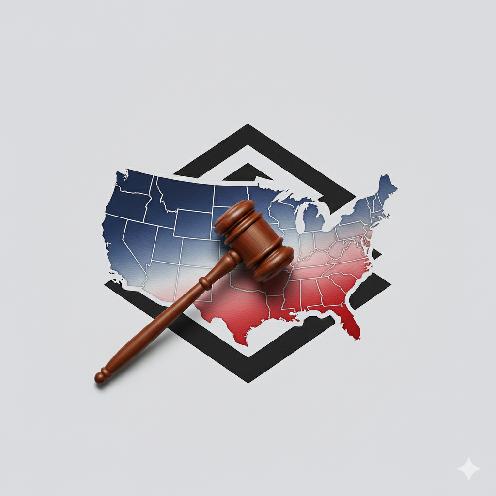 Map of the United States in red, white, and blue with a gavel placed on it and a black arrow above it, representing legal or judicial context.