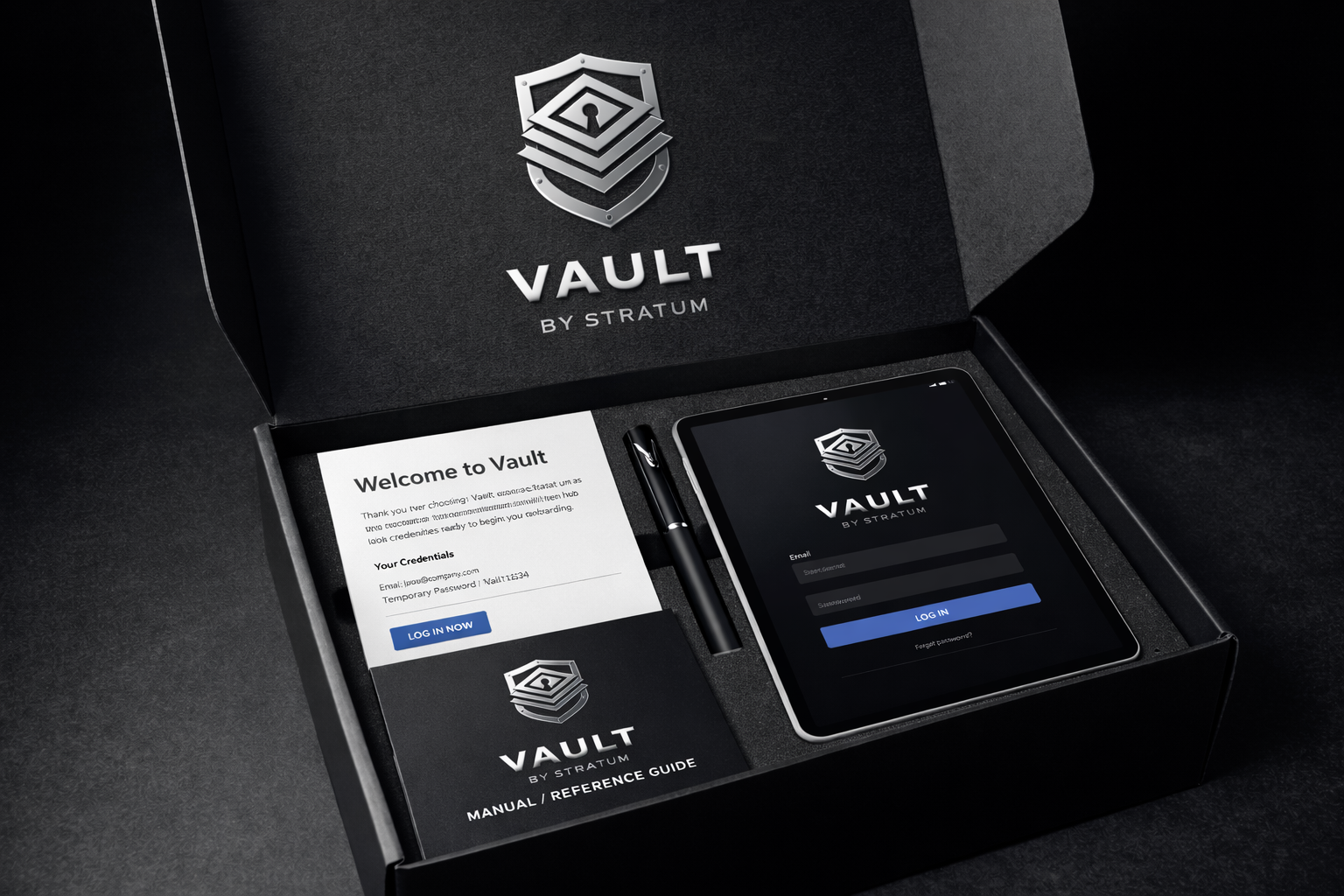 Open black box labeled 'VAULT BY STRATUM' containing a smartphone displaying the VAULT login screen, a pen, a card with the VAULT logo and manual reference guide, and a welcome note with credentials.