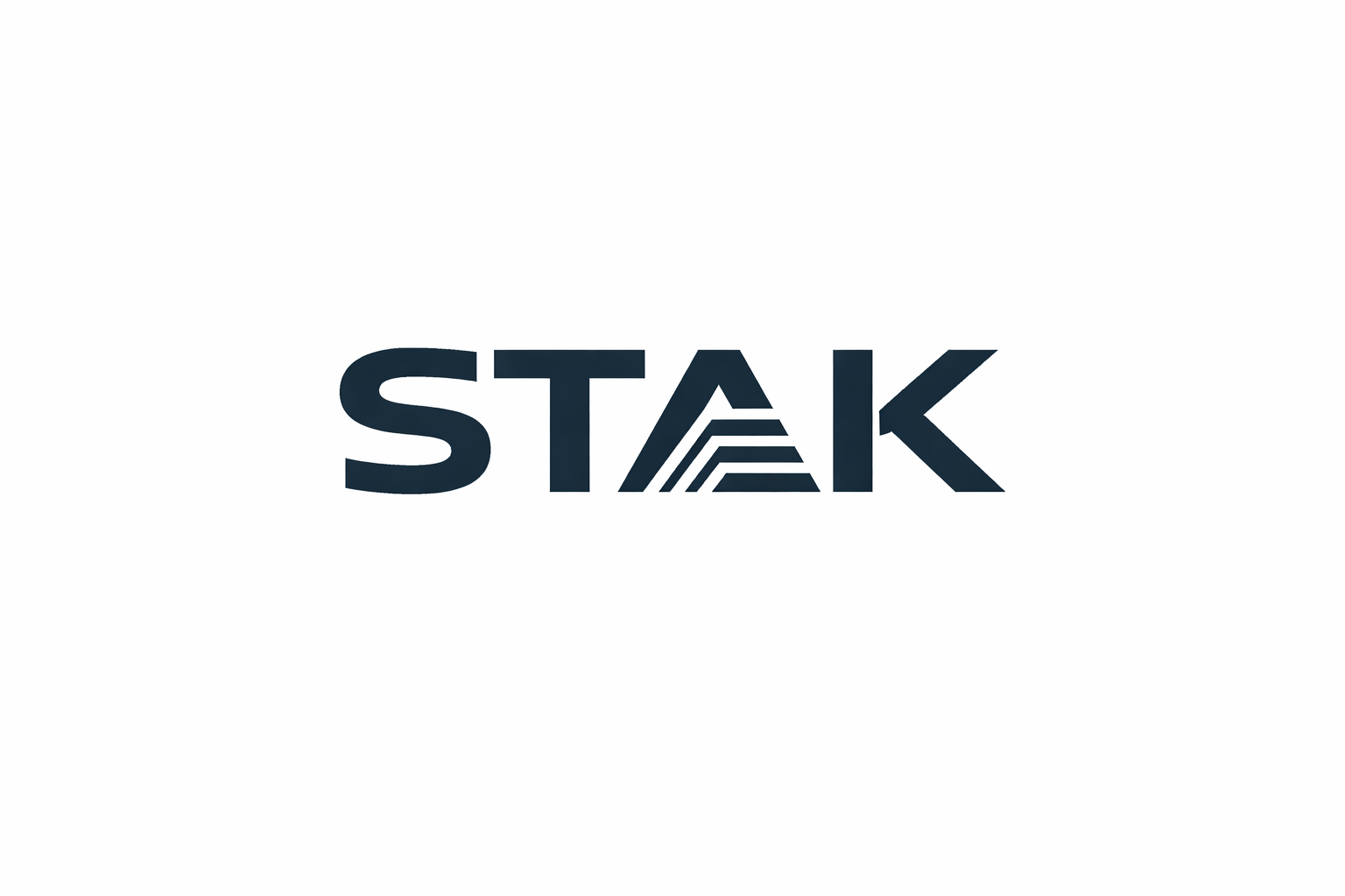 Logo with the word 'STAK' in bold dark letters, with a stylized 'A' featuring horizontal lines forming a mountain-like shape, on a white background.