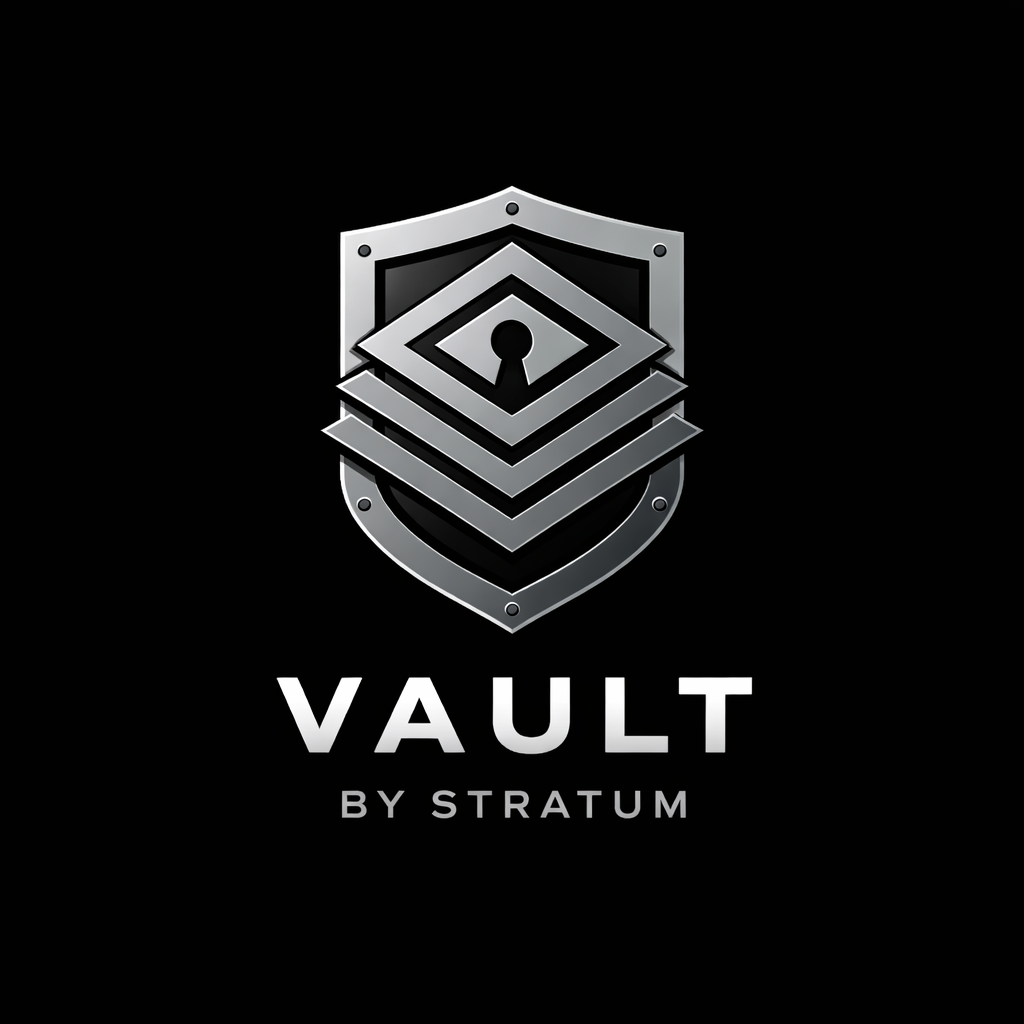 A metallic shield emblem with layered geometric shapes and a lock symbol in the center, with the words "VAULT BY STRATUM" beneath it against a black background.