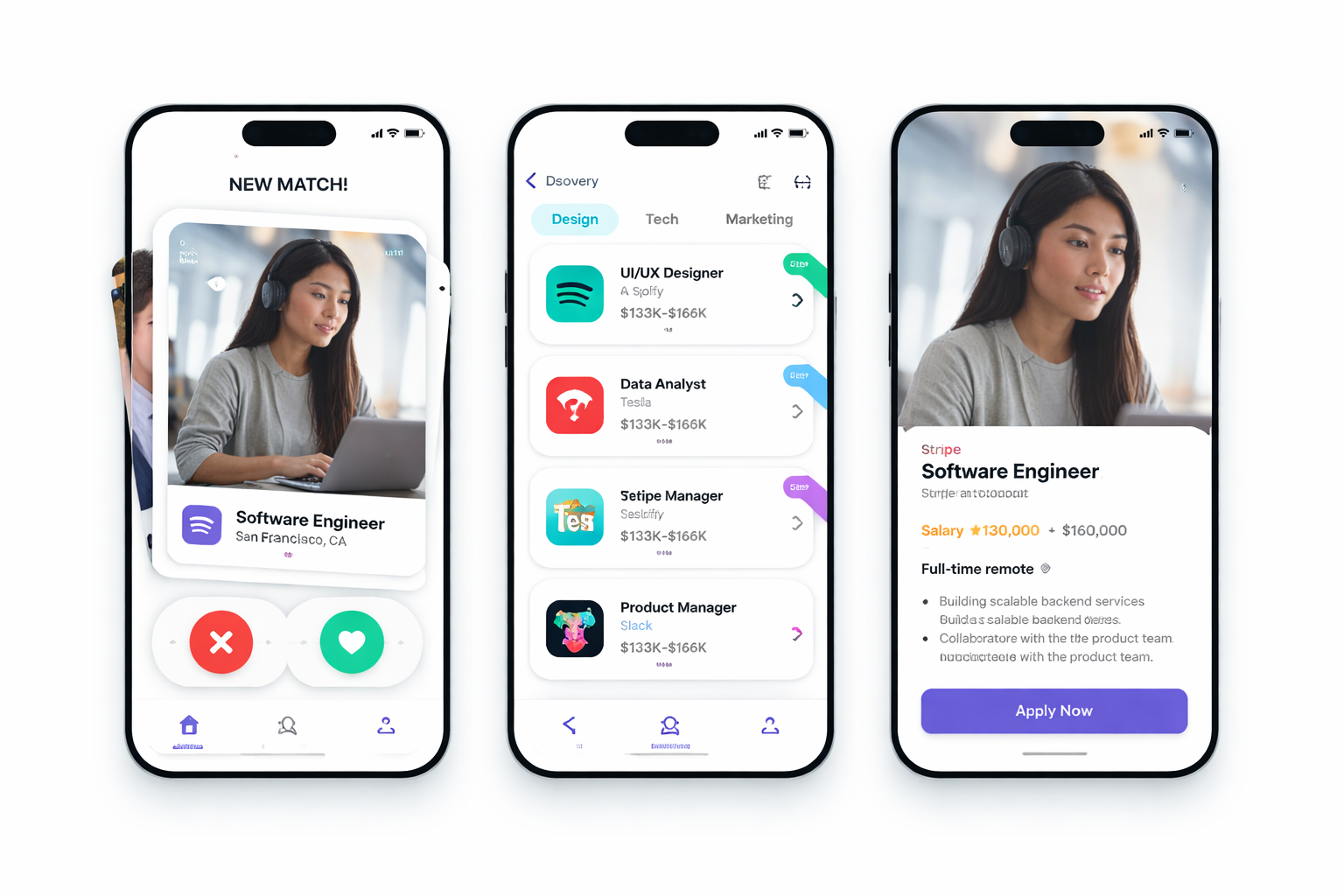 Three smartphones displaying a dating app and job search app screens with profiles and job listings.