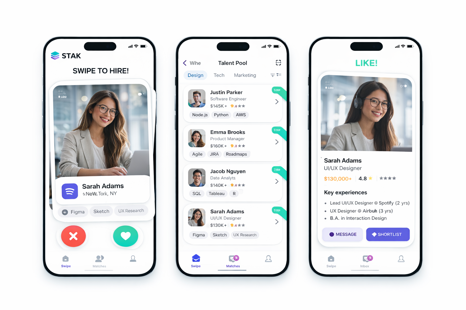 Three smartphones displaying a professional networking app with profiles of women, including photos, names, job titles, locations, and skills. The first screen shows a swipe interface; the second shows a list of matches; the third displays a detailed profile of Sarah Adams, a UI/UX designer.