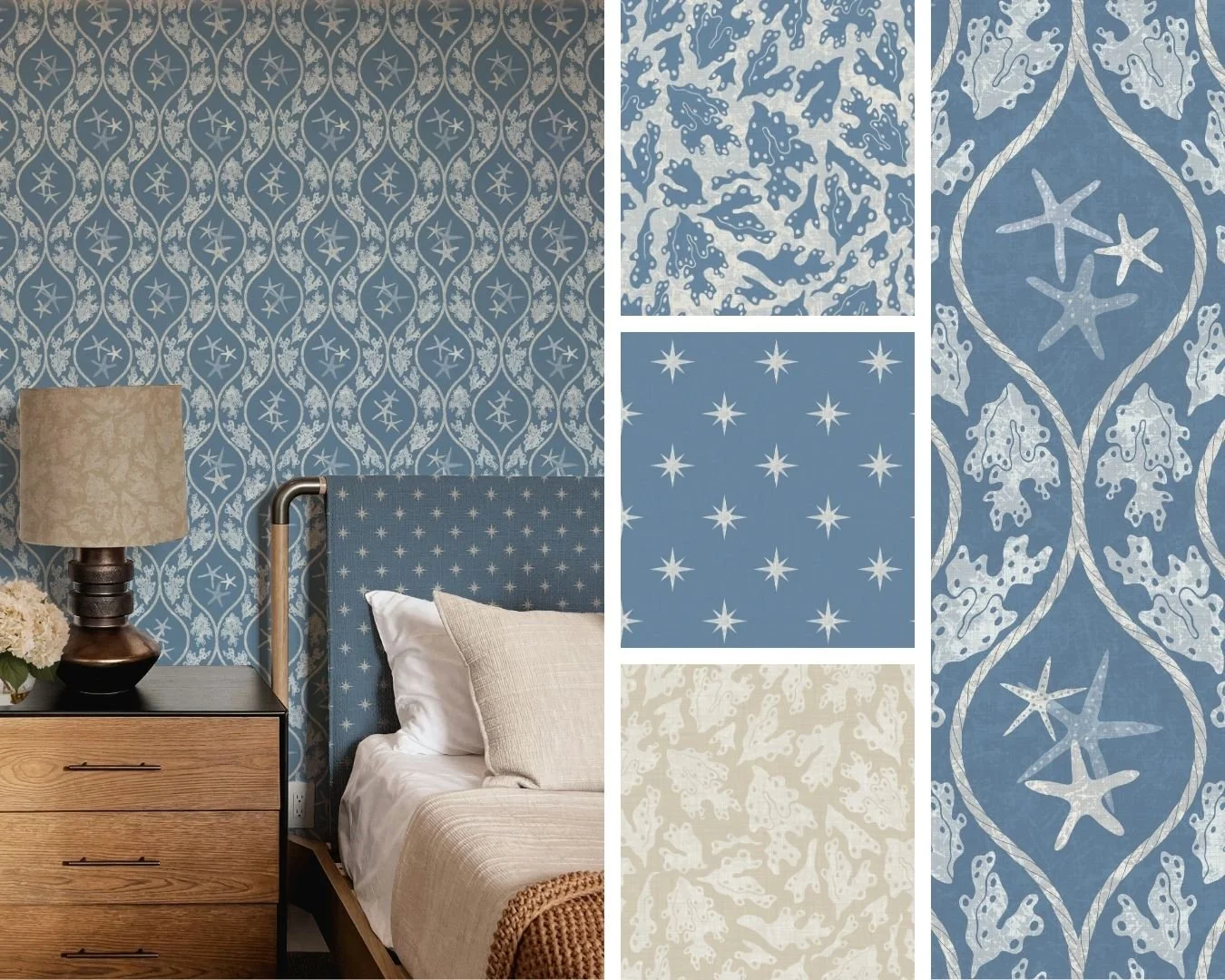 Starfish and seaweed in a distressed pattern suitable for wallpaper and home decor - modern coastal
