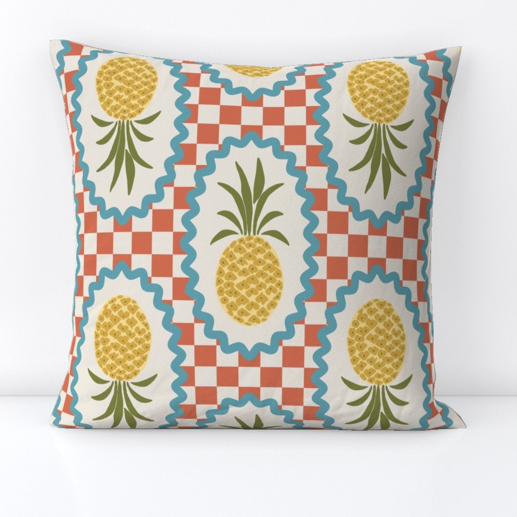 Stylized pineapples framed in scalloped ovals over a vintage coral checkerboard. A charming retro island print for coastal kitchens, kids’ rooms, or playful summer projects.