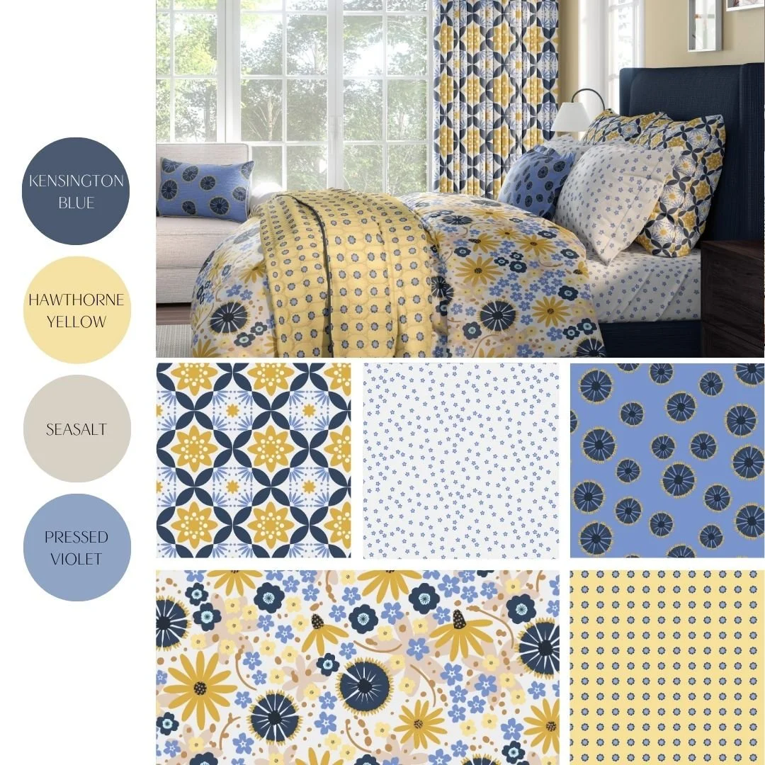 Blue Chaos Garden | Crisp cool blues with sunny yellows create a bedroom ensemble which creates a cheerful  yet elevated cottage aesthetic.