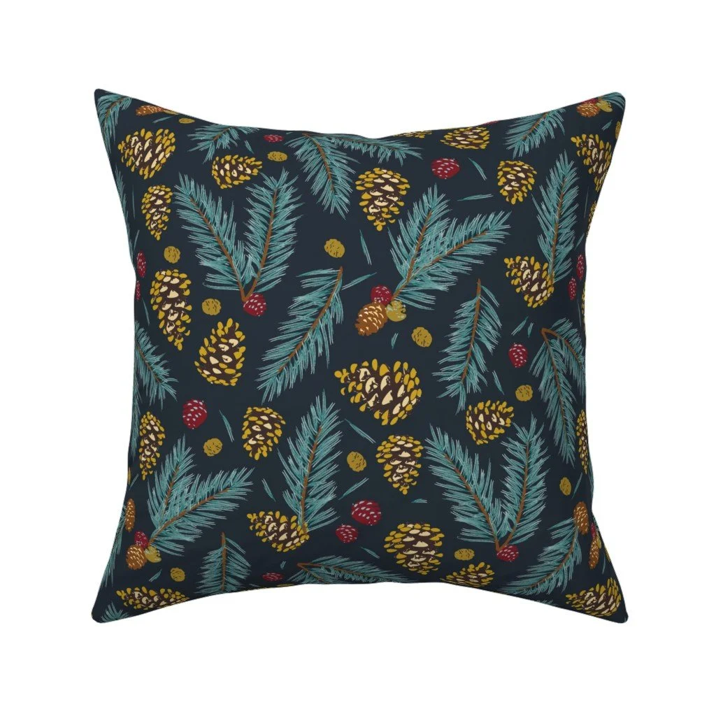 Hand drawn pinecones in a multi-directional scatter pattern. Perfect for winter and holiday projects and home goods.