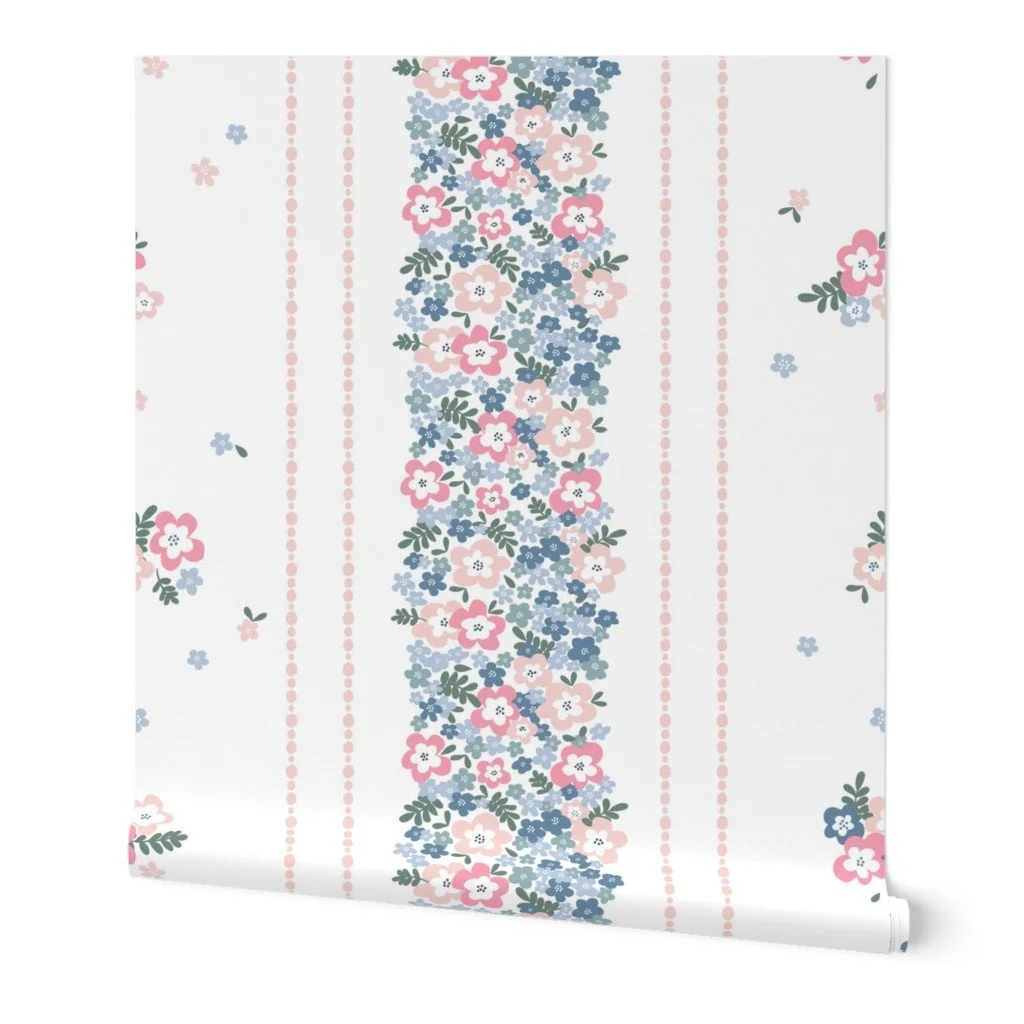 Wallpaper - Adorable floral pattern for wallpaper and bedding, this vertical pattern complements the other patterns in my Flower Meadow Collection.