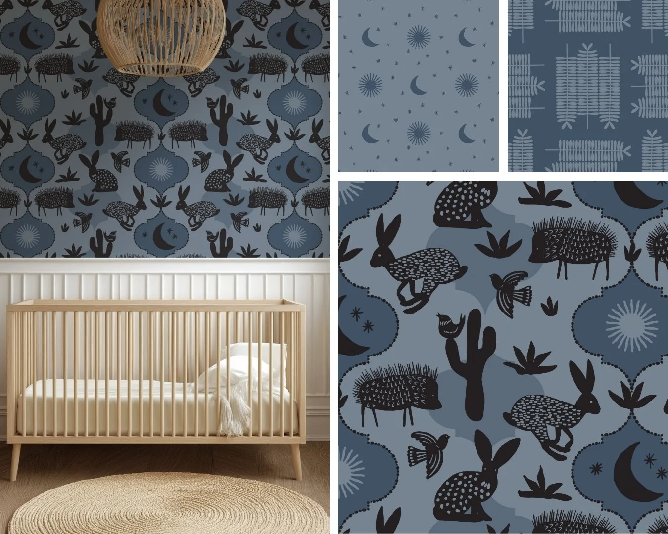 MESQUITE MOONLIGHT | Sonoran desert-inspired patterns with jackrabbits, javelinas, stars, and cactus in a lino cut style - deal for unique children’s wallpaper and cozy home decor with a modern southwest twist.