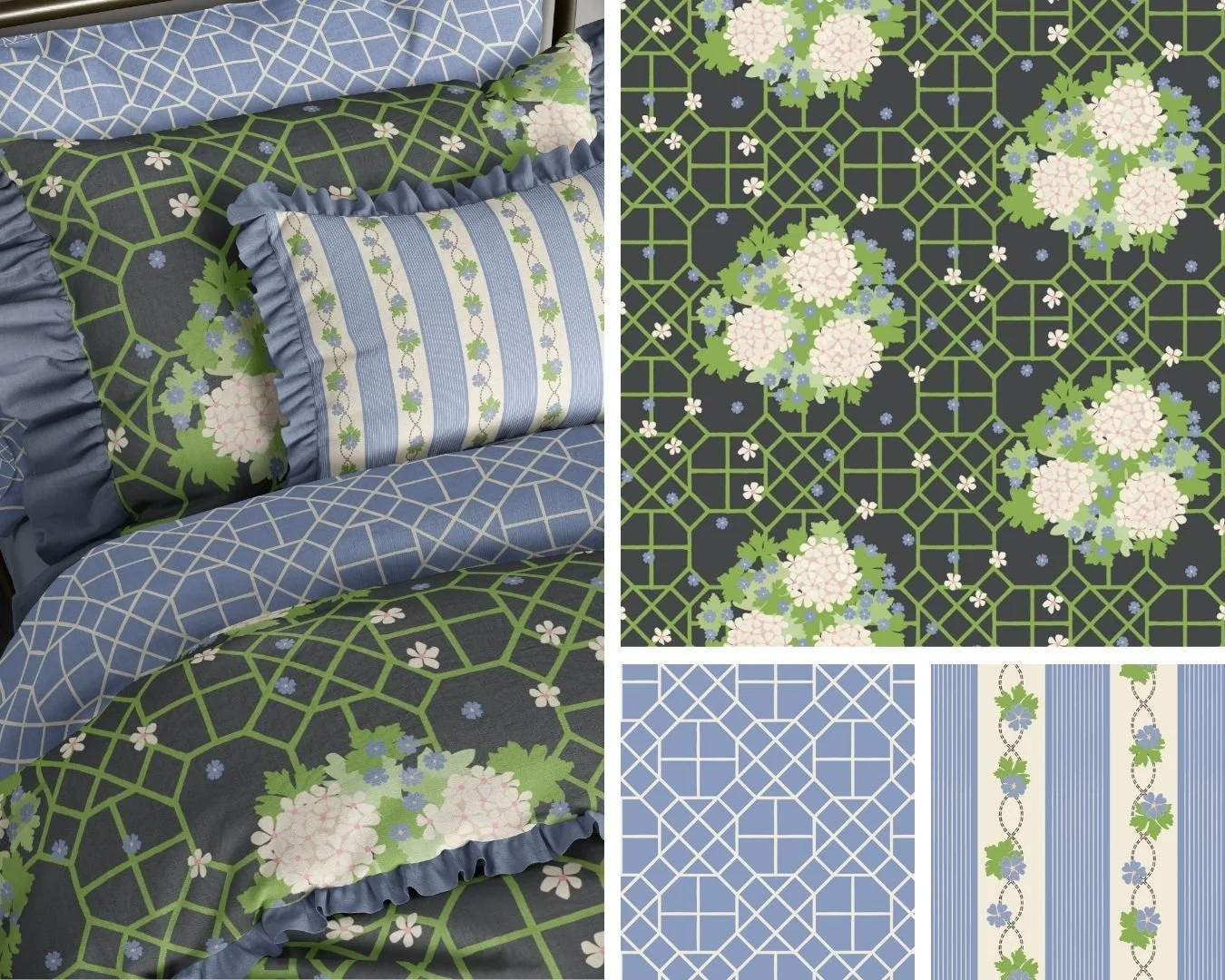 Bedding collection featuring hand-drawn floral chintz bouquets layered over geometric trellis patterns in slate blue, soft green, and ivory. Coordinating stripe and lattice prints create a modern traditional bedroom aesthetic.