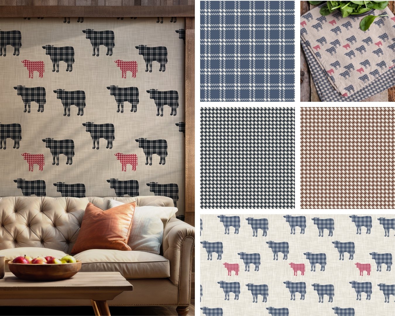 HOUNDSTOOTH COWS | These fancy cows are paired with houndstooth and plaid for a joyful and unique farmhouse aesthetic.  Definitely a conversation starter.  Works well for wallpaper and table linens.  
