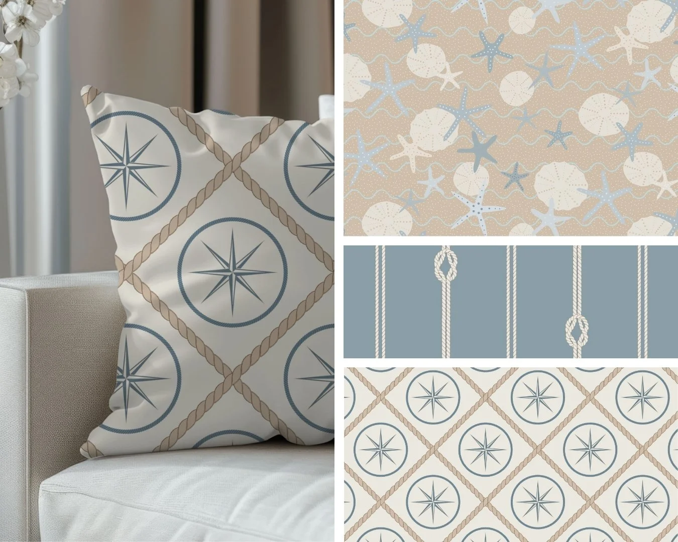 BEACHY NAUTICAL - Starfish, sea urchins, and nautical motifs in crisp patterns for wallpaper and home goods.