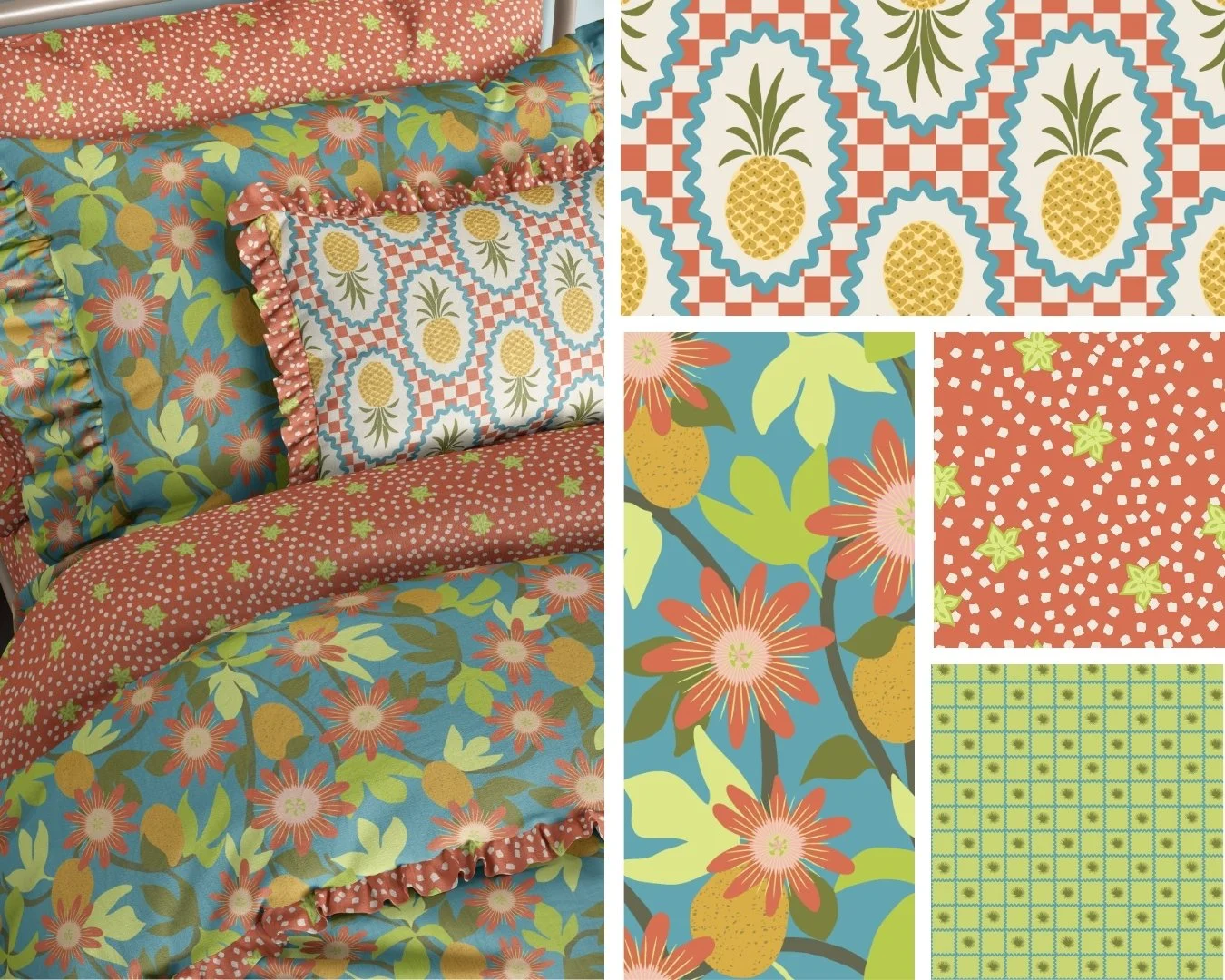 COTTAGE TROPICS BUNGALOW | Bright tropical fruit prints, retro florals, and cottagecore charm meet in this bold island-inspired pattern collection perfect for fabric, wallpaper, and home decor.