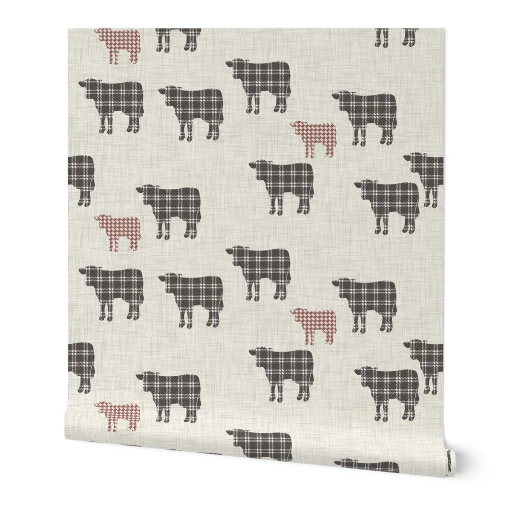 Cattle herd with houndstooth pattern and smaller calf in colorways designed for a more rustic feel