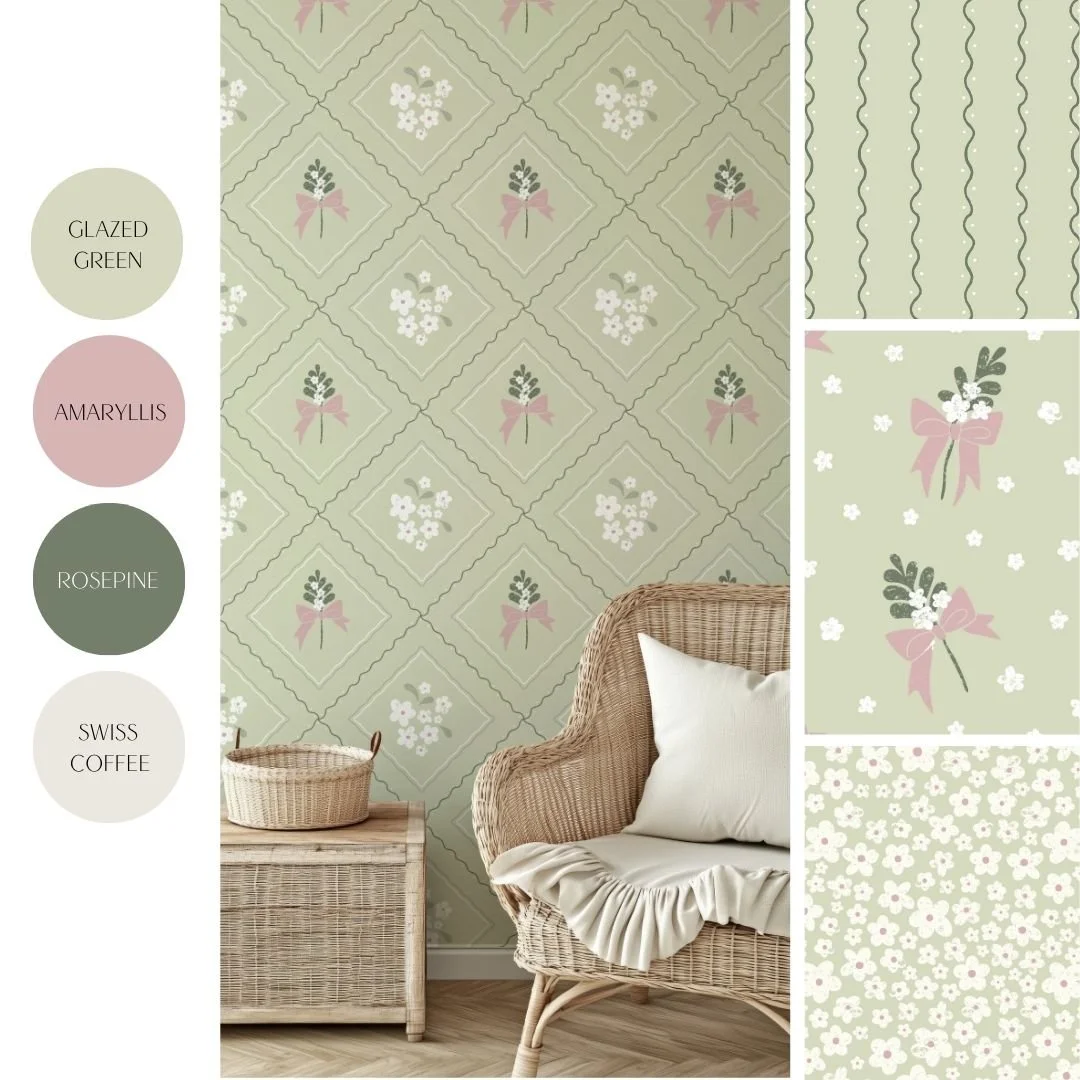 Ultra feminine wallpaper in soft green with dainty stripes, floral bouquets and tiny flowers.  Perfect for cottage and dainty heritage vintage interiors.