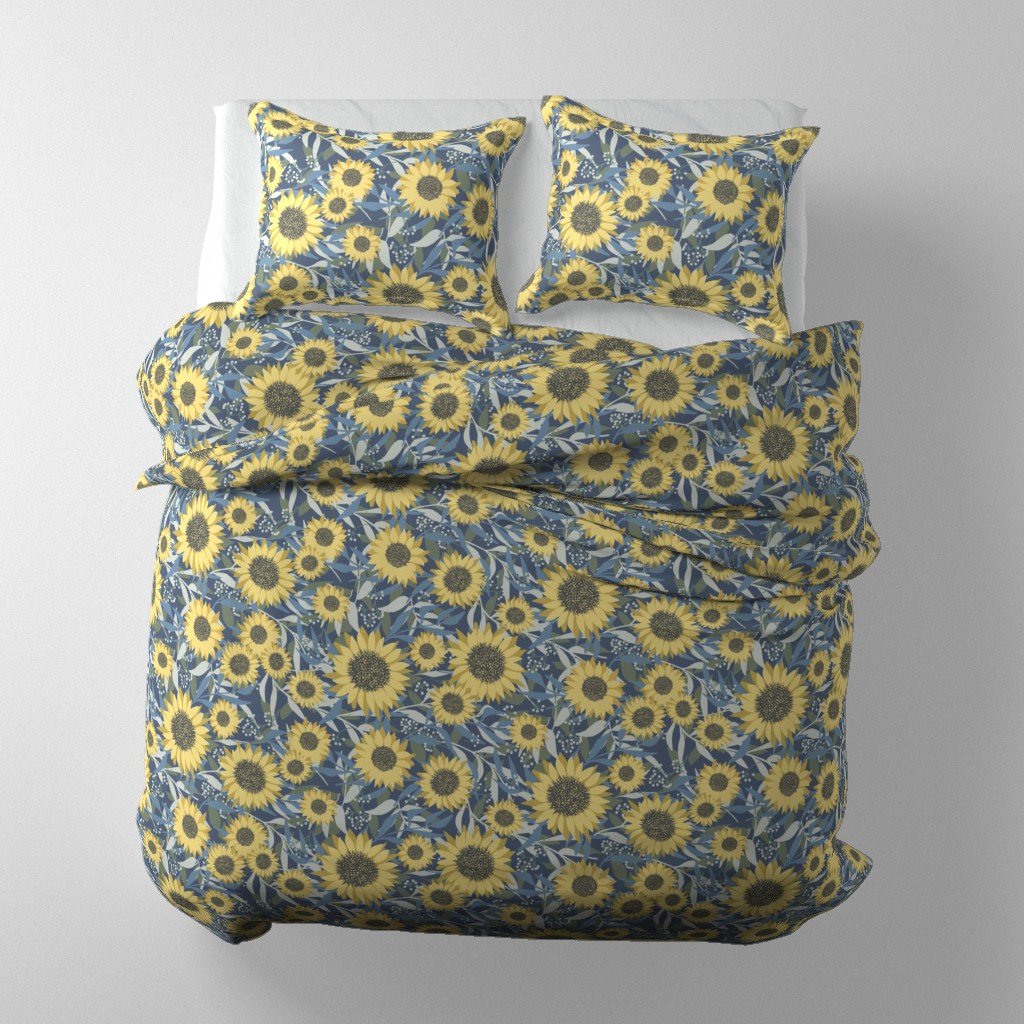 Boho sunflowers on a bed of eucalyptus leaves in sunny yellow, sage green and midnight blue. Designed to match Benjamin Moore paint colors.