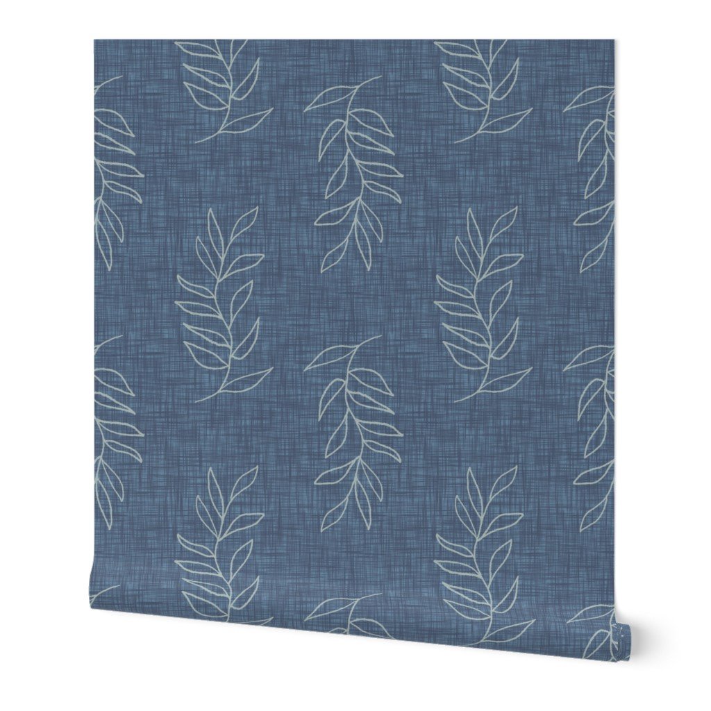 Hand drawn stenciled eucalyptus leaves in a simple repeat on a linen textured background designed to match Benjamin Moore paint colors.