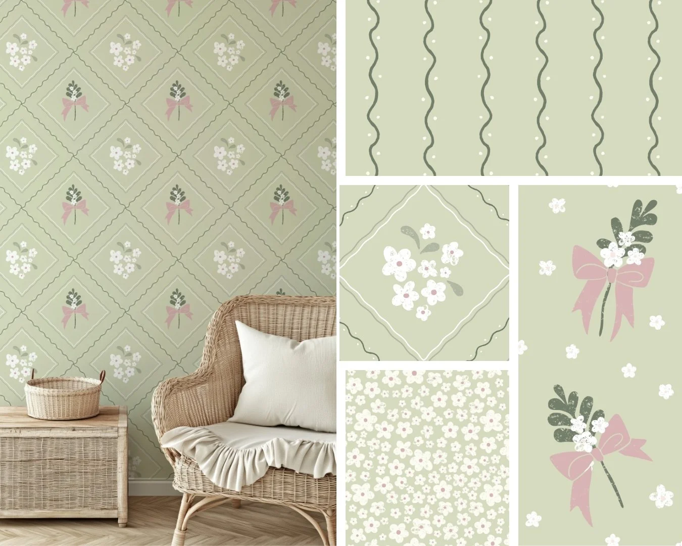 DAINTY STRIPES AND BOUQUETS | Delicate hand drawn bouquets and curvy lines in soft hues for dreamy wallpaper and home decor.