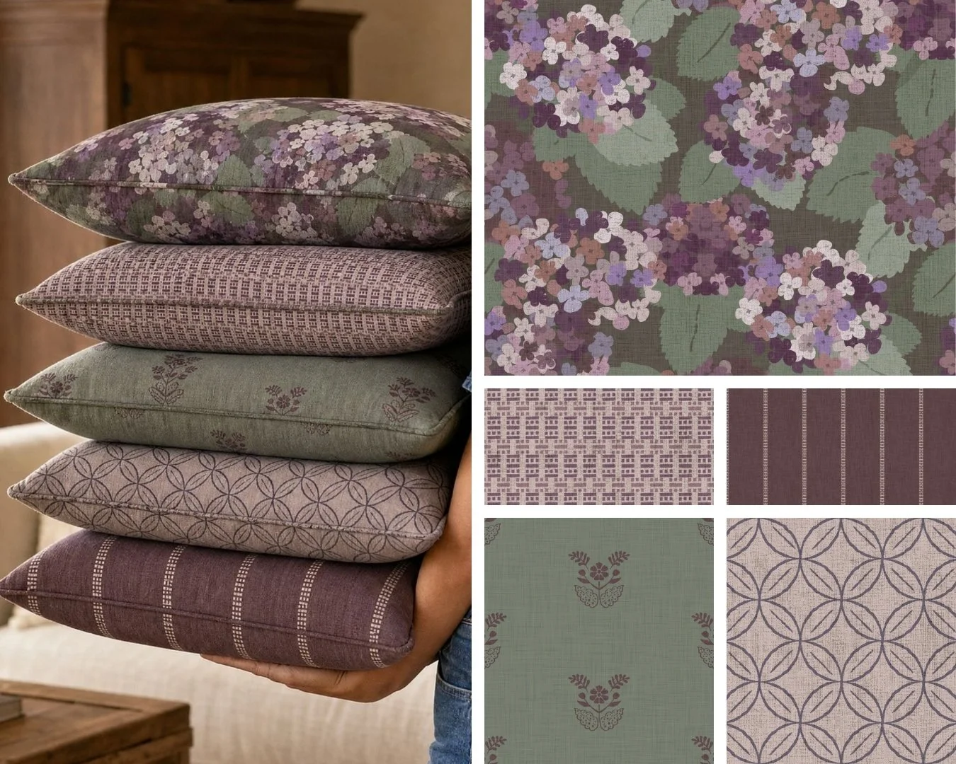 Plum and violet hued pillows and fabric with large scale hand drawn hydrangeas and traditional coordinates with lots of texture
