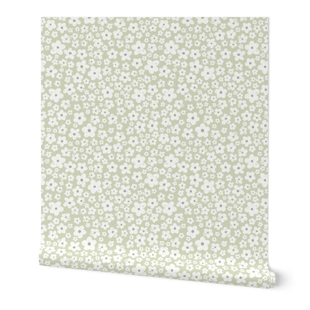 Wallpaper - All alike flowers in a distressed block print scatter pattern on light green background perfect for dainty cottage aesthetic decor