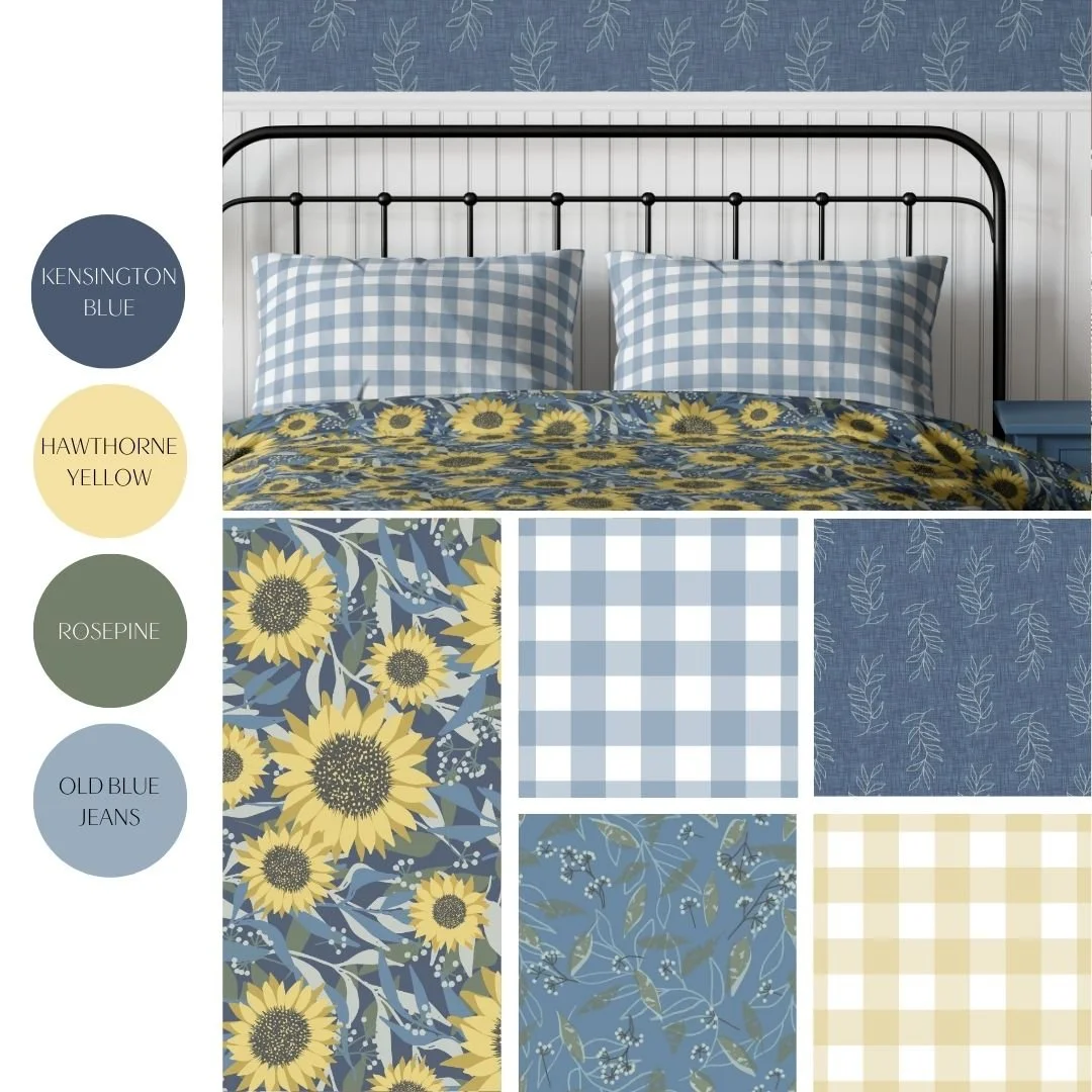 Sunflowers and Denim | Bold sunflower prints and gingham with denim blues and soft sage—cottagecore wallpaper & bedding in rustic farmhouse style, paired for cozy home décor.