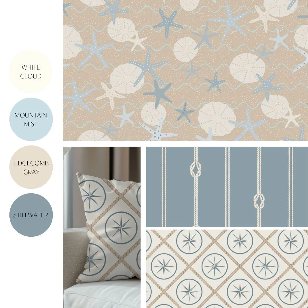 Beachy Nautical - starfish and nautical motifs in coast, al hues perfect wallpaper, home decor & bedding for coastal living.