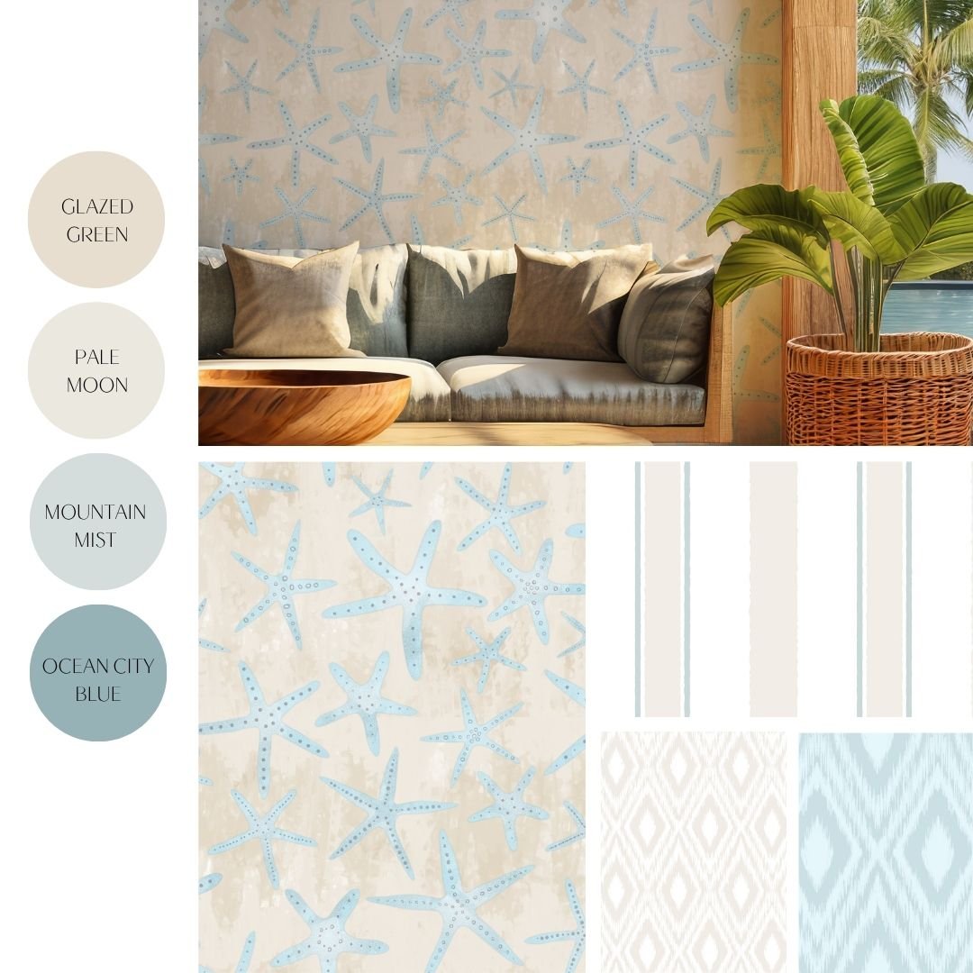 An easygoing coastal collection with painterly starfish, relaxed stripes, and artisanal textures. Soft neutrals and breezy patterns create a laid-back, sun-washed aesthetic ideal for casual interiors and lifestyle products.
