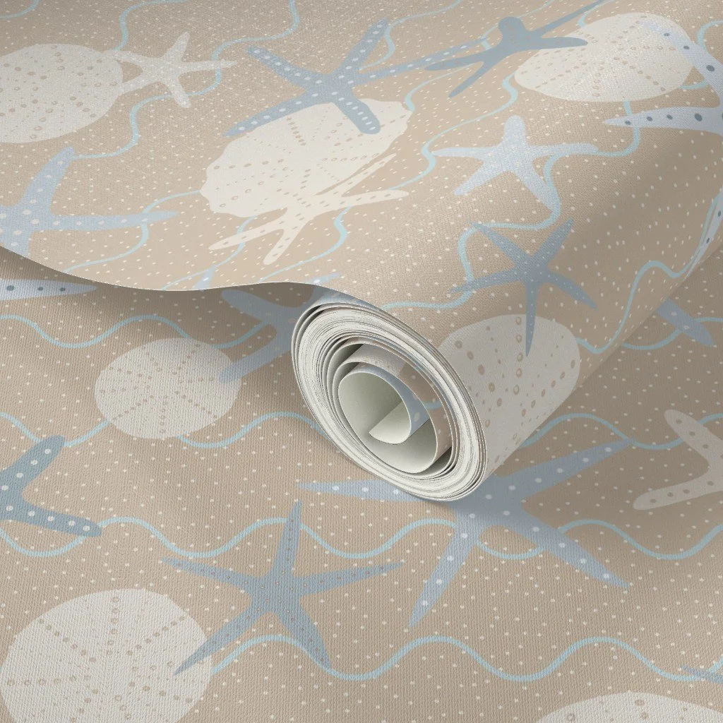 Hand drawn starfish and sea urchins on a wavy sandy background using SW 9110 - Malabar.