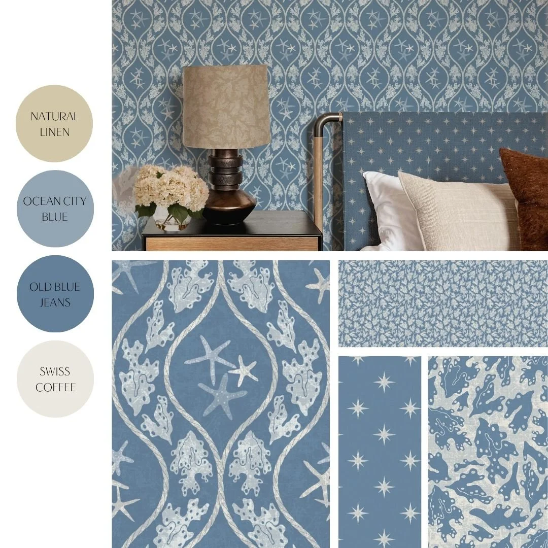 A refined coastal collection blending stylized starfish, organic corals, and classic motifs with a fresh, contemporary edge. Balanced for sophisticated seaside interiors and versatile product applications.