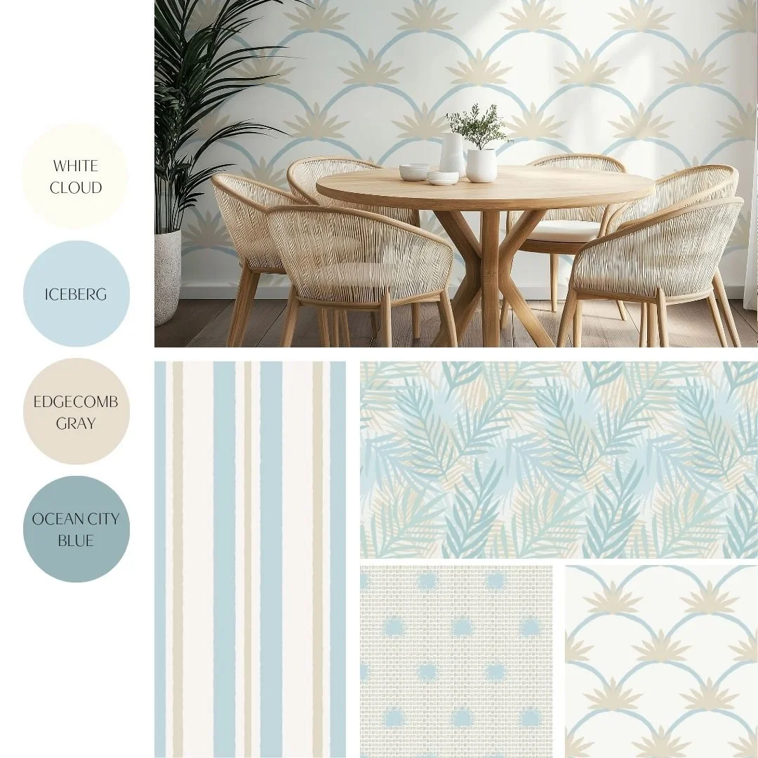 Beachy Palms - palm fronds, beachy stripes and serene colors - perfect for wallpaper and home decor for beach cottages, coastal farmhouse & island homes.