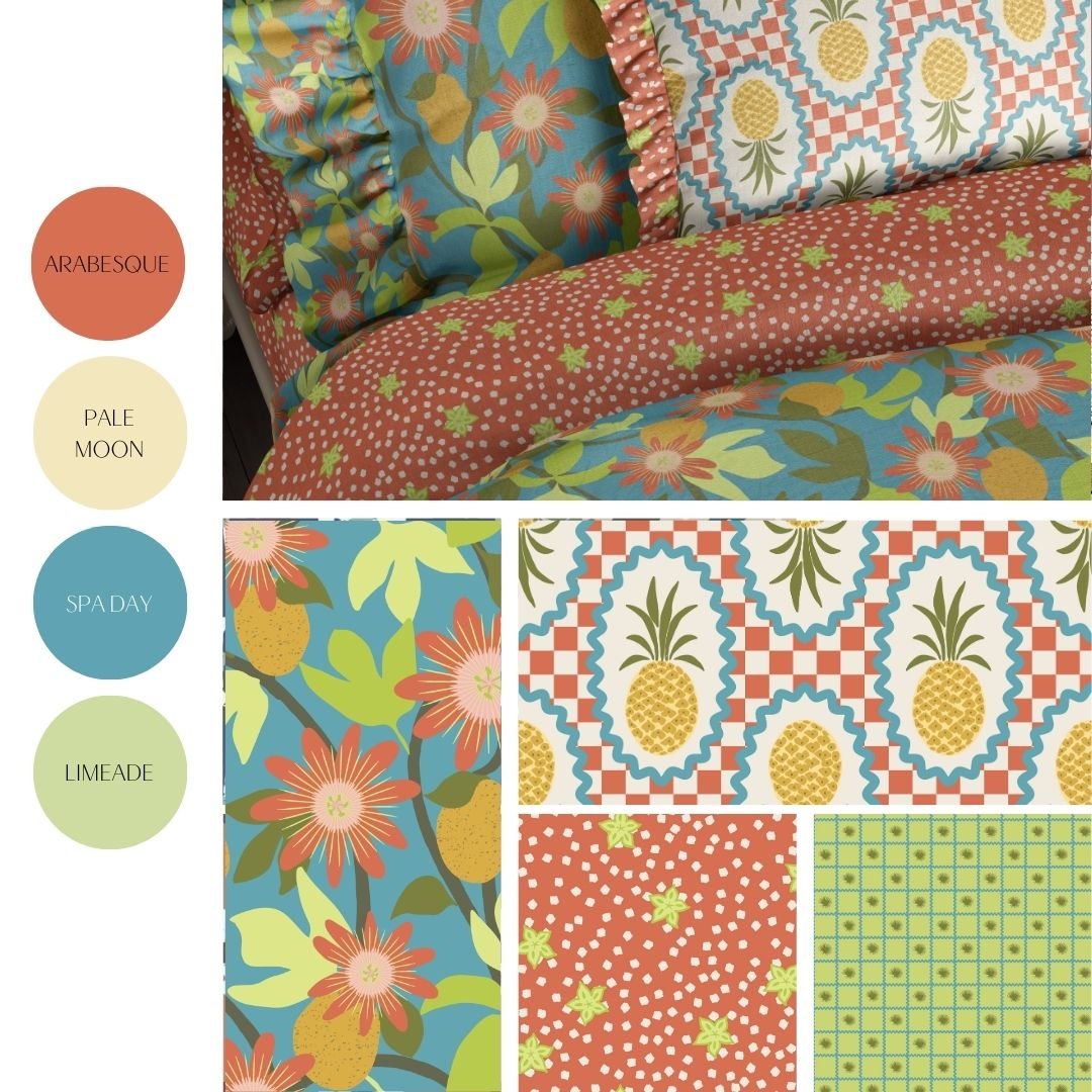 Cottage Tropics | cottagecore meets beach house style with palms, pineapples & passionfruit—ideal tropical wallpaper & bedding for cozy coastal homes.