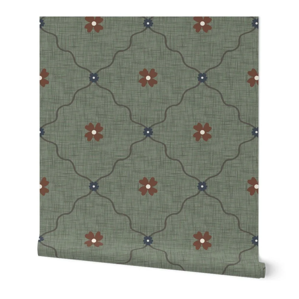 A muted sage trellis pattern with hand-drawn floral accents, ideal for wallpaper, fabric, bedding, and serene interior spaces.