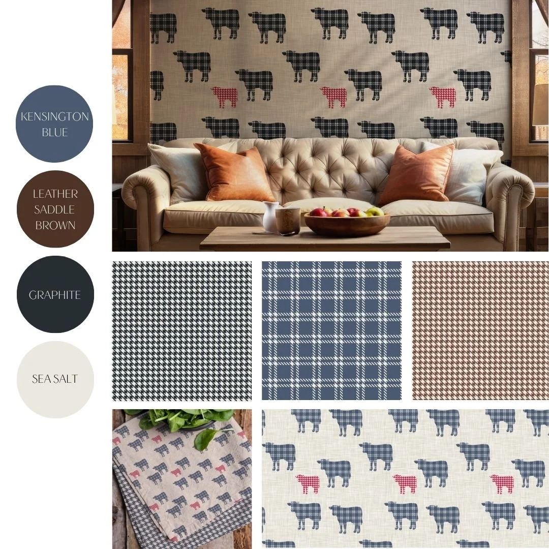 Houndstooth | happy cow silhouettes in houndstooth patterns create playful rustic farmhouse aesthetic in wallpaper, table linens and more.