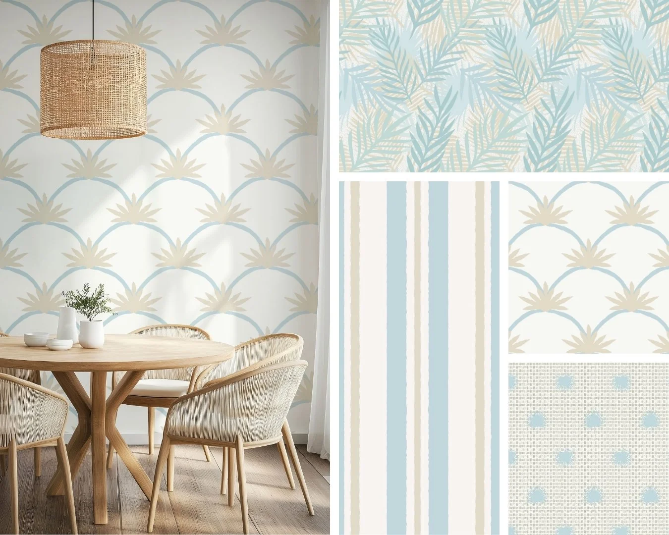 BEACHY PALMS | Breezy palms, stripes and rattan become coastal classics for wallpaper, bedding and decor.