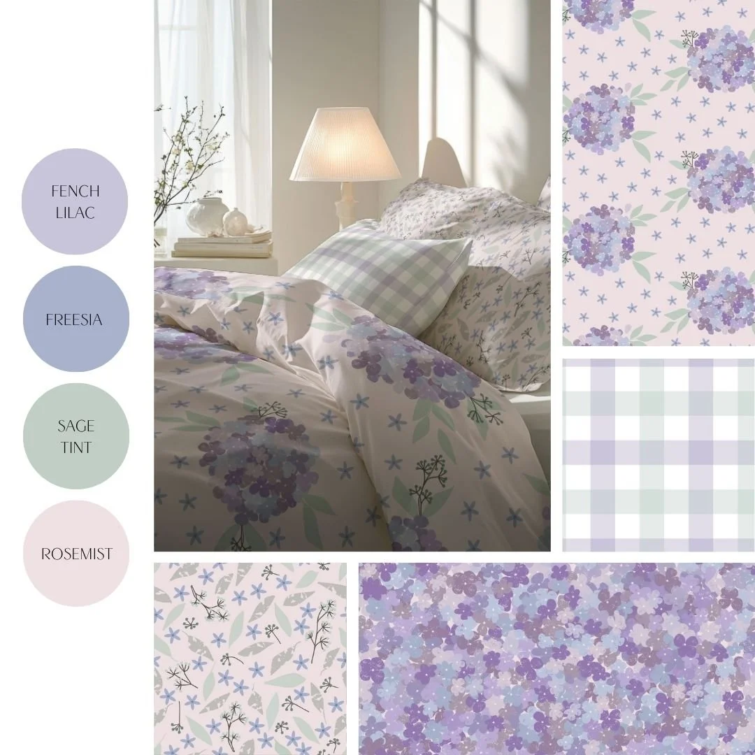 Hydrangea and Eucalyptus | lilac and purple floral bedding with matching pillowcases. The wallpaper has a purple floral pattern. The image includes color swatches and fabric patterns labeled with Benjamin Moore color names such as French Lilac, Frees