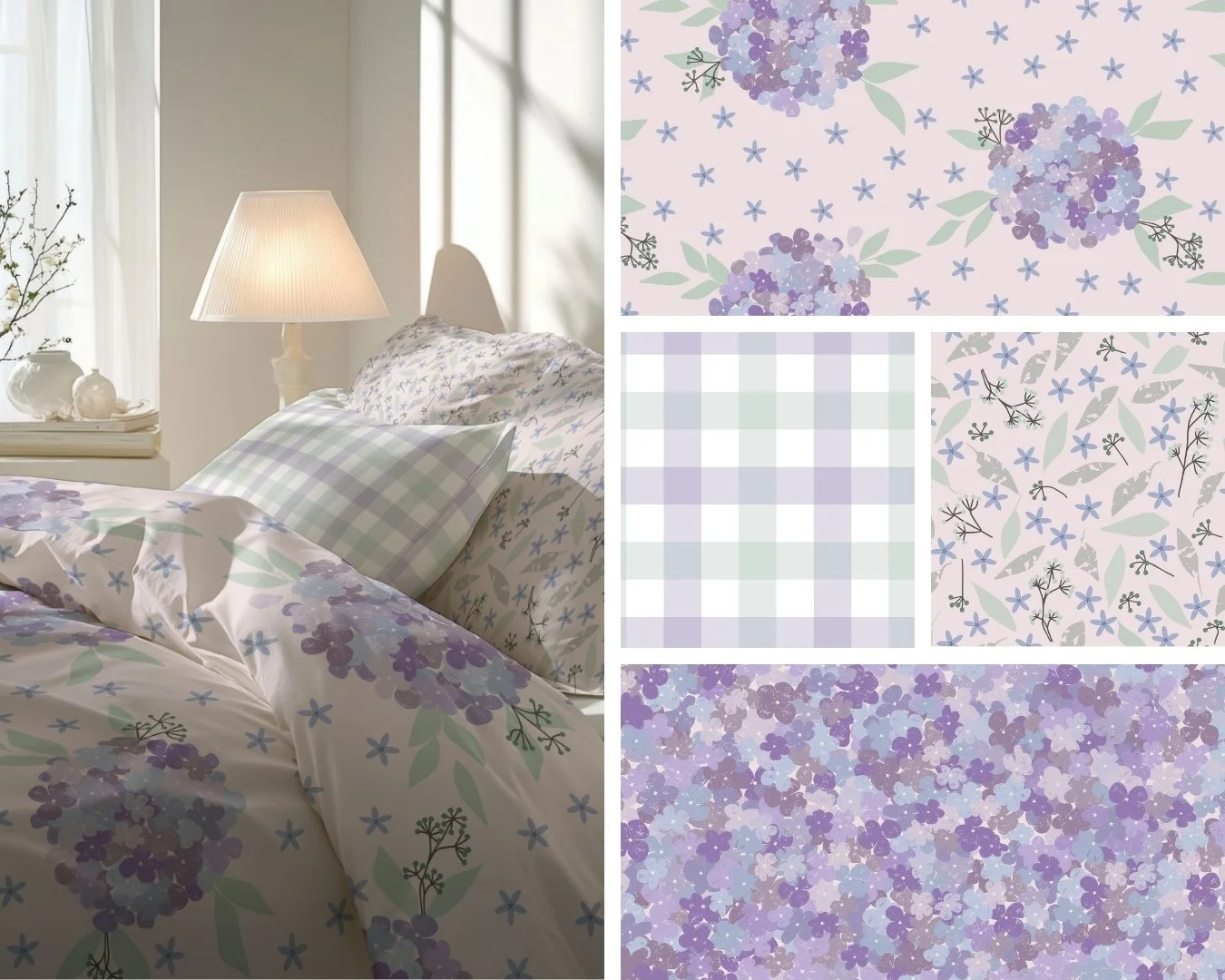 HYDRANGEAS | Lavender, lilac, soft blush pink and sage are featured in this delicate pattern collection which looks beautiful as bedding and wallpaper.