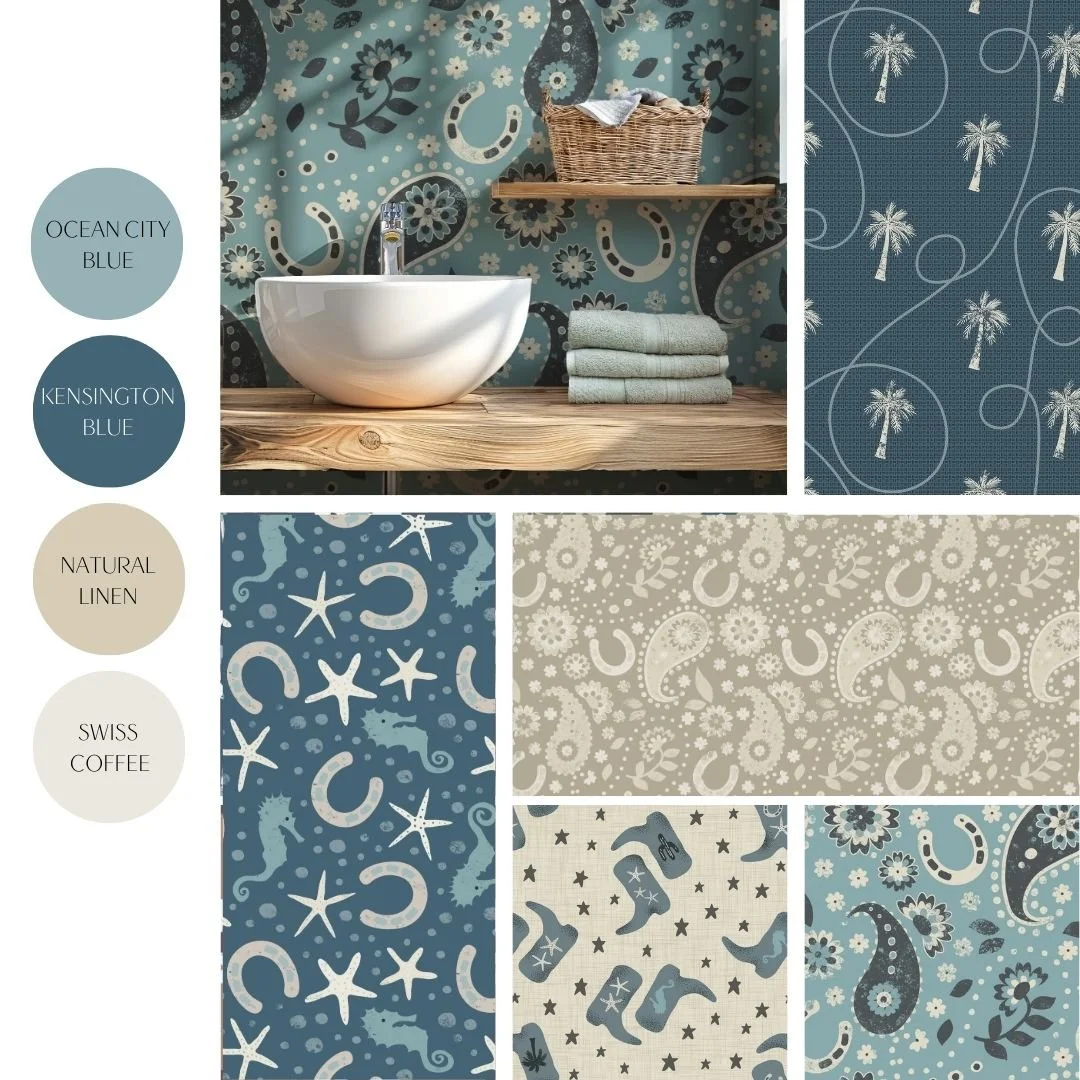 Coastal Cowboy - Rustic western charm meets breezy coastal style—wallpaper & bedding with boots, paisley, palms & starfish for cowboy chic beach cottages and coastal farmhouses.