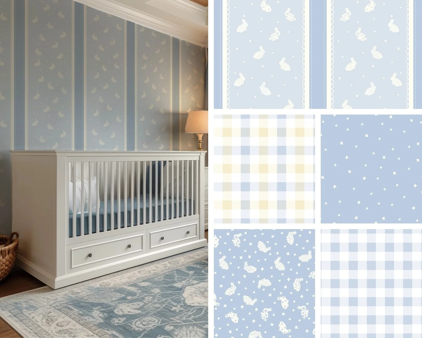 BUNNY HOP | The whimsy and delight of springtime with embossed cottontail bunnies, gingham and frills - ideal for children's nursery decor and bedding.