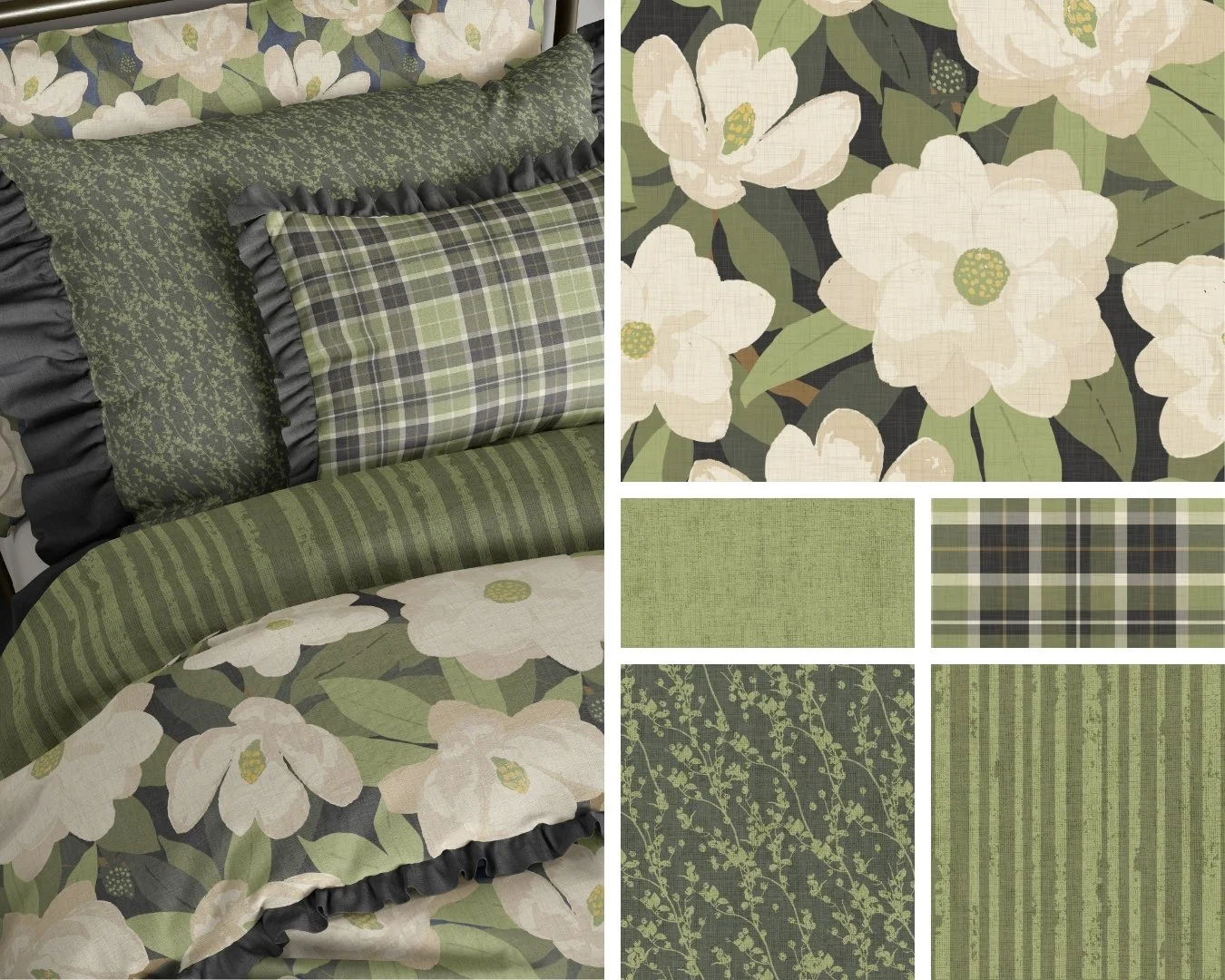 WINTER GARDEN features oversized magnolia blossoms designed to make an impact paired with timeless coordinates.