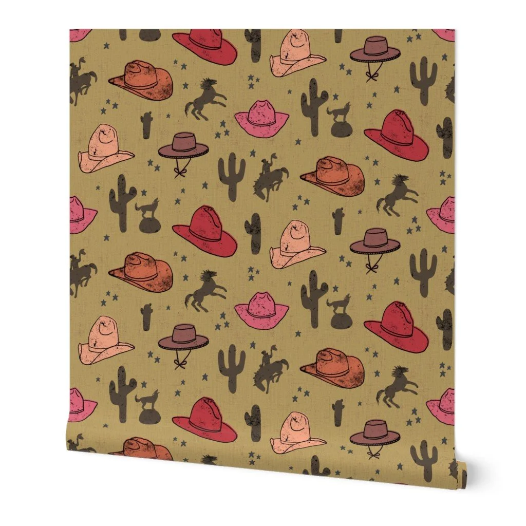 Cowboy Hats and Wild Desert features vibrant hats, cacti, cowboys, and horses - perfect for Western decor, cowboy-core, and nostalgic desert-inspired design.