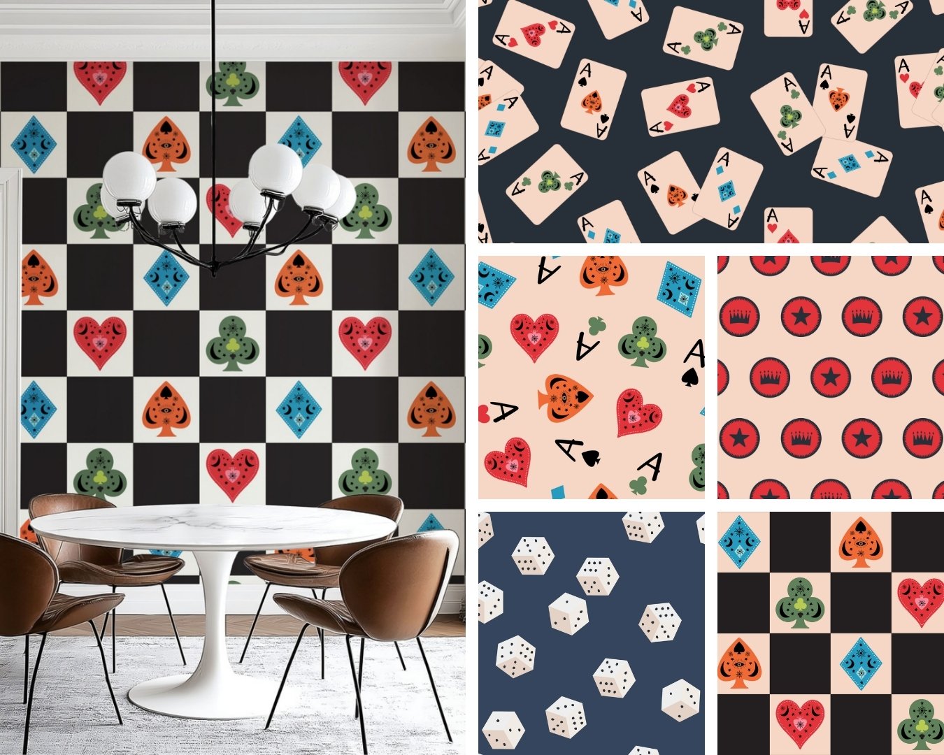 GAME NIGHT | Novelty prints inspired by family game night including stylized card suits, dice, checkers and all the aces.