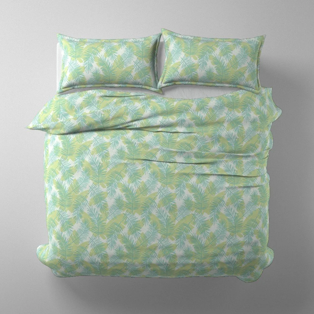 Duvet Cover - Bright aqua and lime green palm fronds and banana leaves for a tropical coastal bedroom