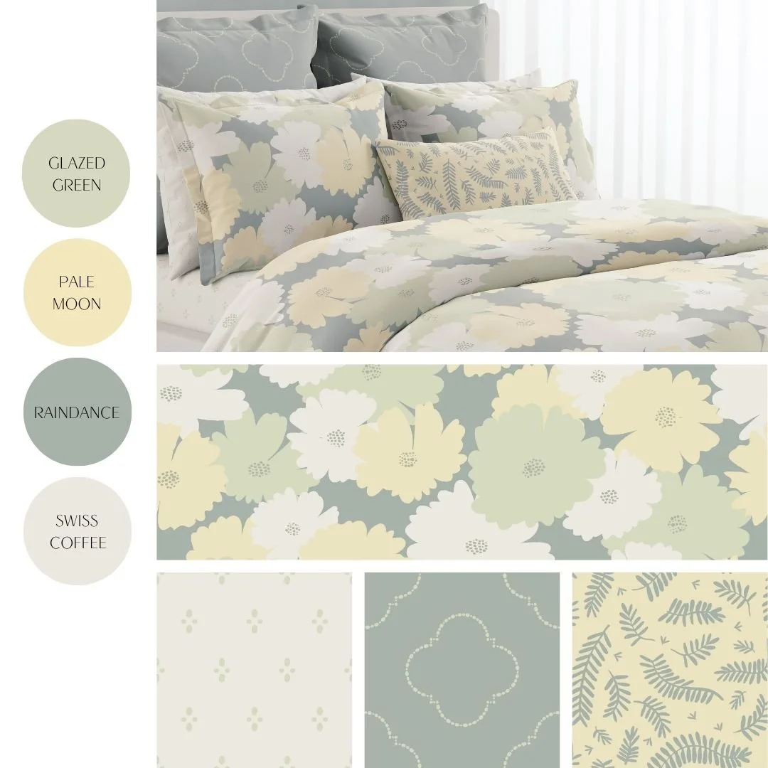 Desert Calm | Suited for bedding, wallpaper, home decor and fabric projects, this collection is inspired by desert cosmos flowers, acacia trees, and Spanish architecture