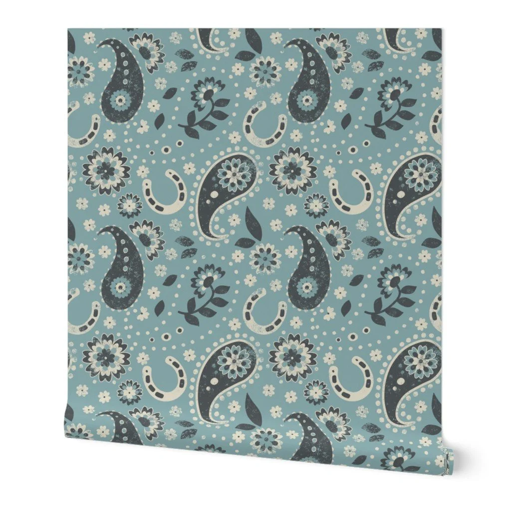 Distressed paisley with floral and horseshoe motifs blends vintage charm and Western whimsy—perfect for the trending coastal cowboy aesthetic.