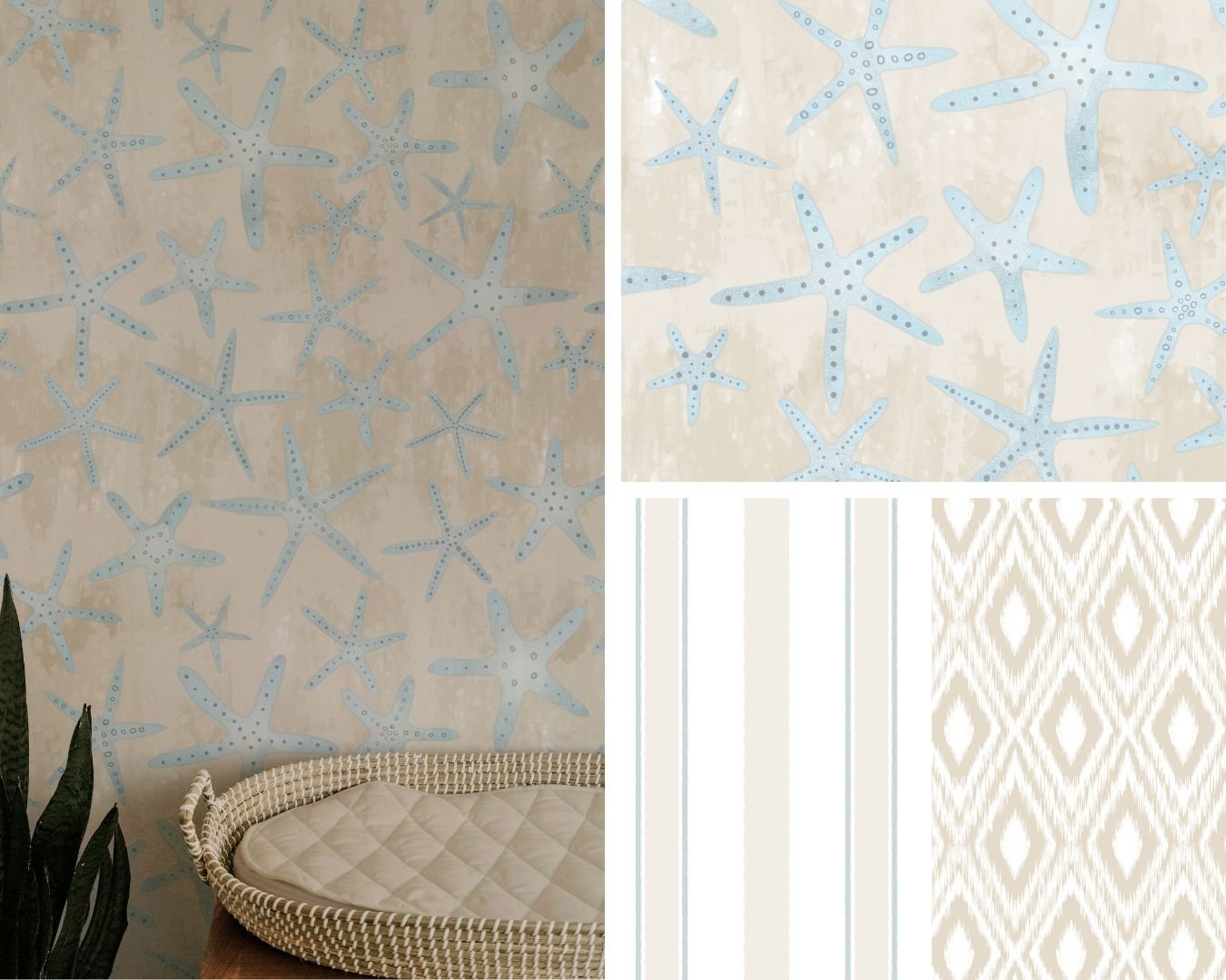 BEACHY BOHO | An easygoing coastal collection with painterly starfish, relaxed stripes, and artisanal textures. Soft neutrals and breezy patterns create a laid-back, sun-washed aesthetic. 
