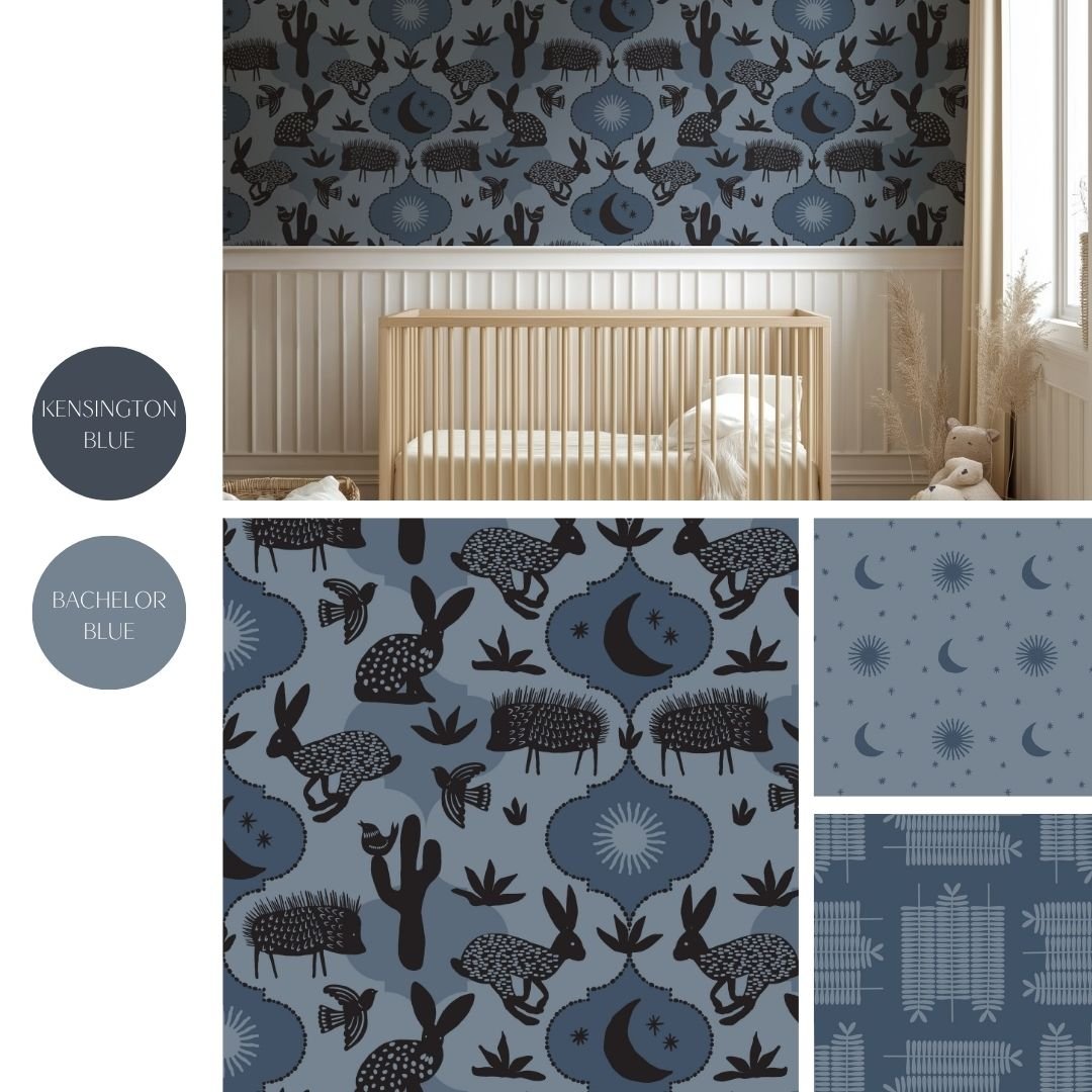 Mesquite Moonlight Folk Art | Lino-print jackrabbits and javelinas in a stylized Sonoran desert—perfect for bold, modern wallpaper and cozy home decor