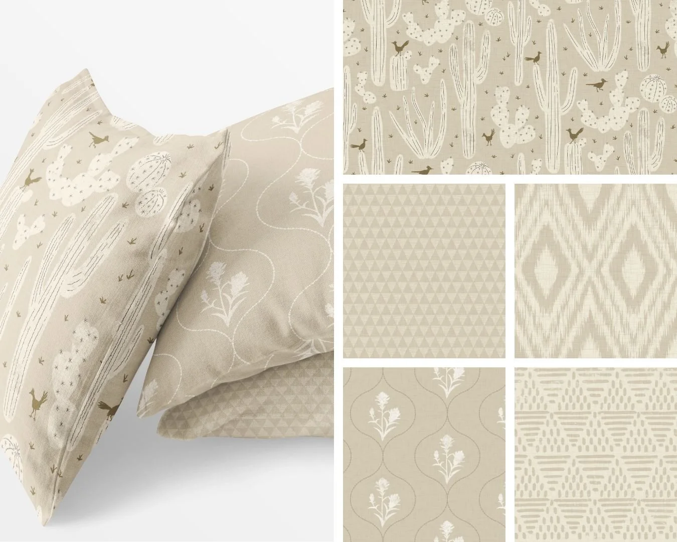 DESERT DREAMS |  Hand-drawn cacti, subtle geometrics, and tonal textures. Designed in soft, neutral palettes for effortless layering across bedding, wallpaper, and modern Southwest interiors.