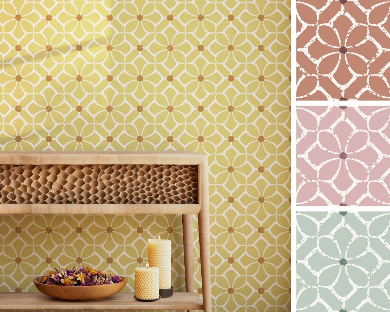 SUNNY BLOCK PRINT | Simple block print floral tile in a wide range of colorful options for wallpaper and home goods.