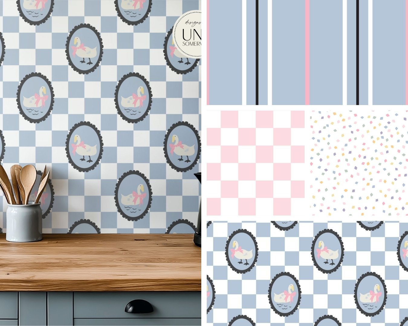 CHECKERBOARD GEESE CAMEOS | Adorable geese in cameo frames and fun checkerboard, stripes and confetti.