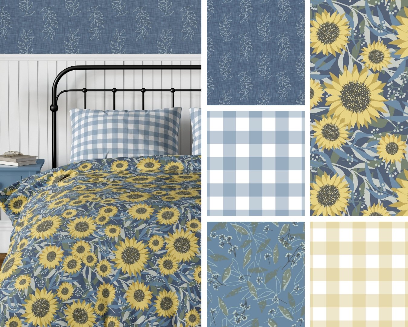 SUNFLOWERS AND DENIM | Classic country collection with denim blues and sunflower yellows with eucalyptus motifs and gingham.